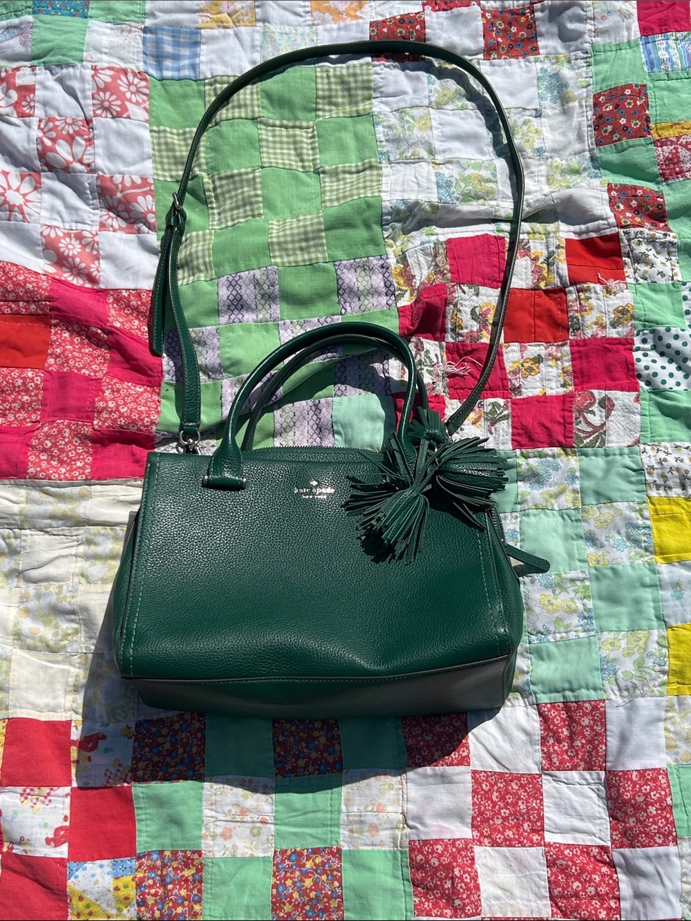 kate spade Dark Green Leather Satchel with Tassel